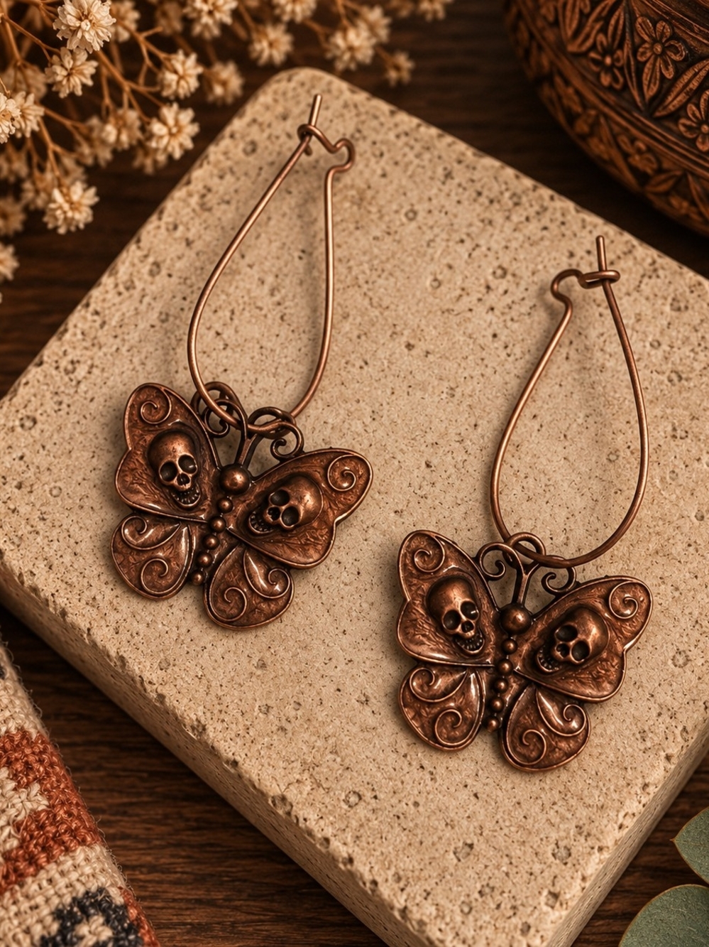 Butterfly Skull Dangle Earrings - Copper Tone Boho Western New